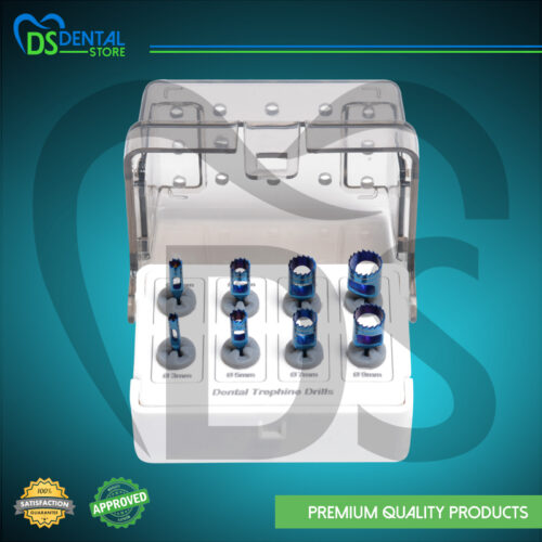 Dental Implant Trephine Drills Kit 8 Pcs Implant Blue Titanium Coated & Bur Holder CE